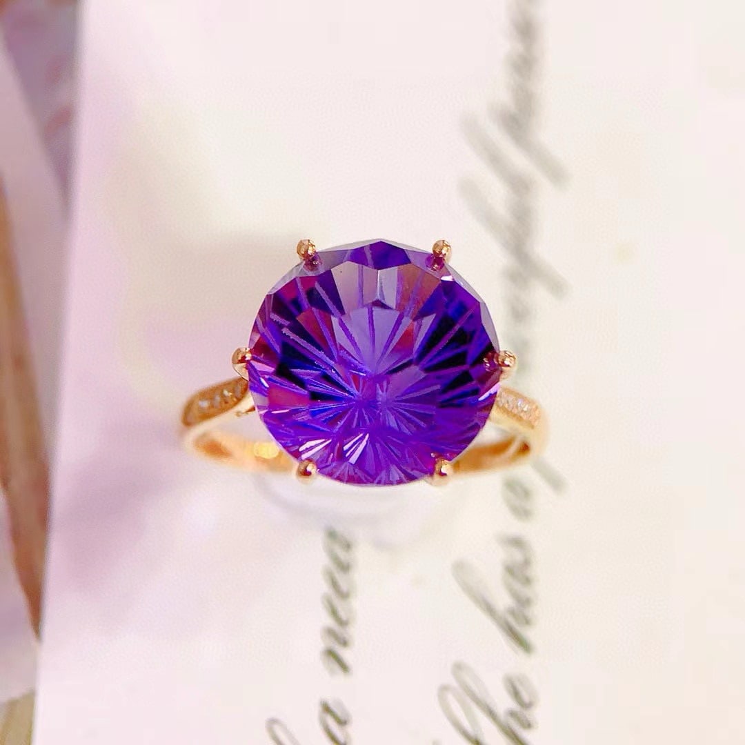 14k Gold 7.15 Ct Natural Amethyst & Diamond Ring - 2