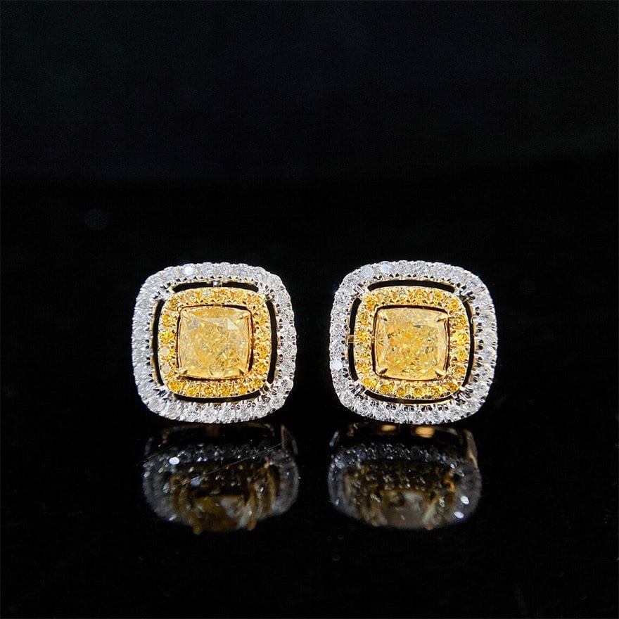 14k Gold 1.4 Ctw Natural Yellow Diamond & Diamond Earrings: Ref:231087106 // gold content:14k gold // main gemstone:yellow diamond // shape:cushion // carat weight:1ct // color:yellow // treatment:natural // // adjacent gemstone 2 : diamond // shape:round //