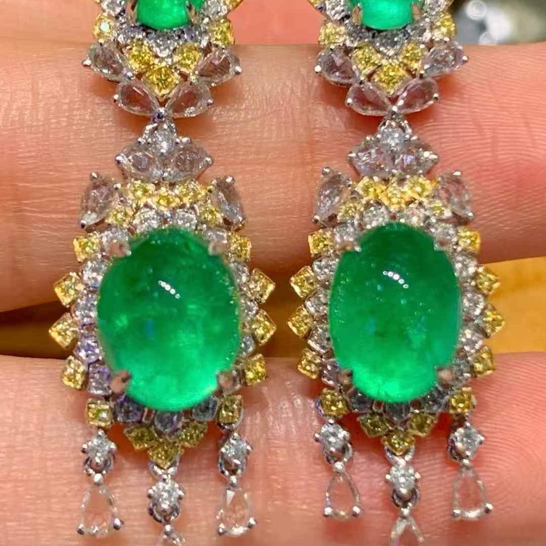 14k Gold 7 Ct Vivid Green Natural Emerald & Diamond & Sapphire Earrings - 2