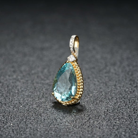 14k Gold 3.18 Ct Natural Aquamarine & Diamond Pendant( Without Chain ) - 3