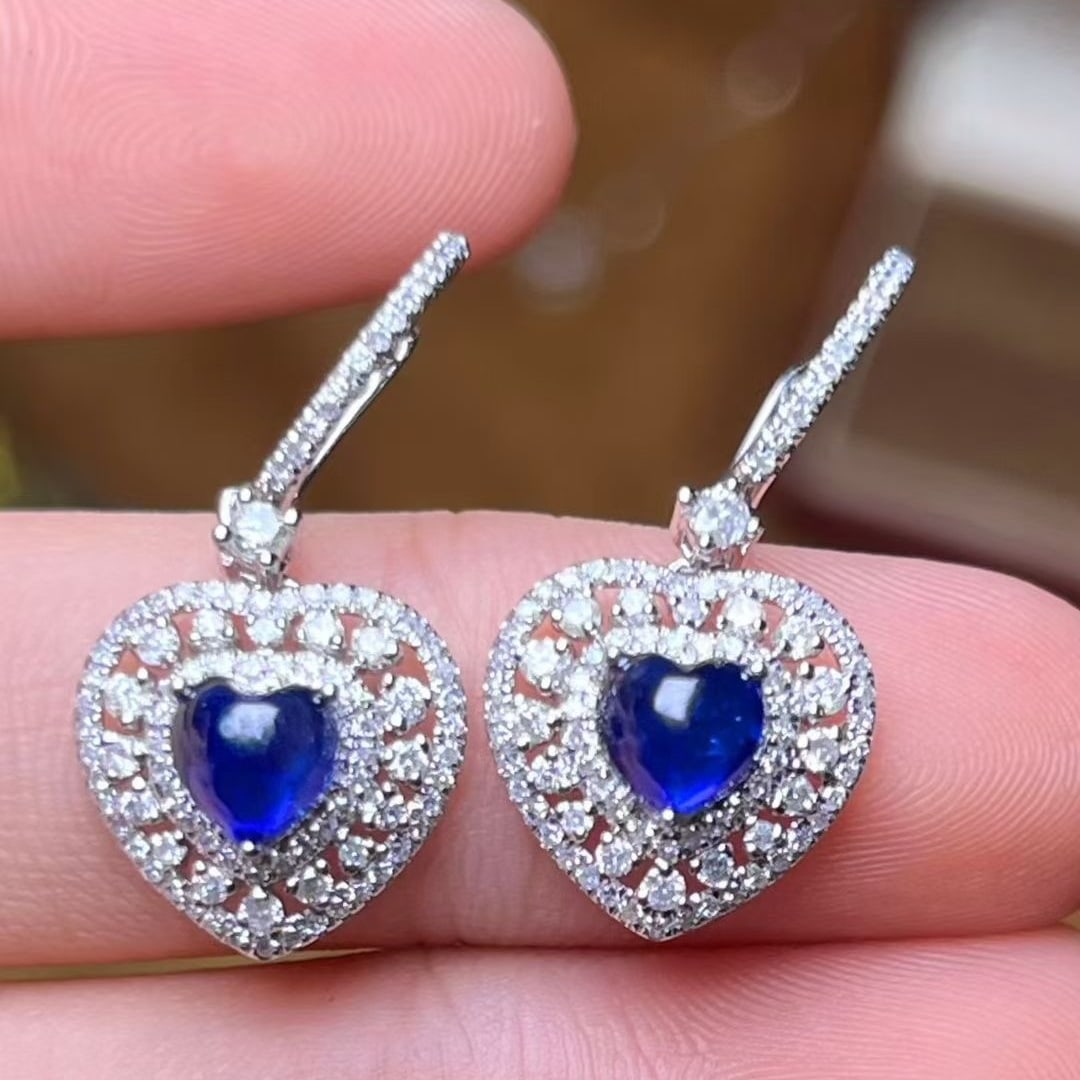 14k Gold 1.6 Ct Natural Sapphire & Diamond Earrings: Ref:231087194 // gold content:14k gold // main gemstone:sapphire // shape:heart // carat weight:1. 6ct // color:blue // treatment:natural // // adjacent gemstone 2 : diamond // number of stones:192