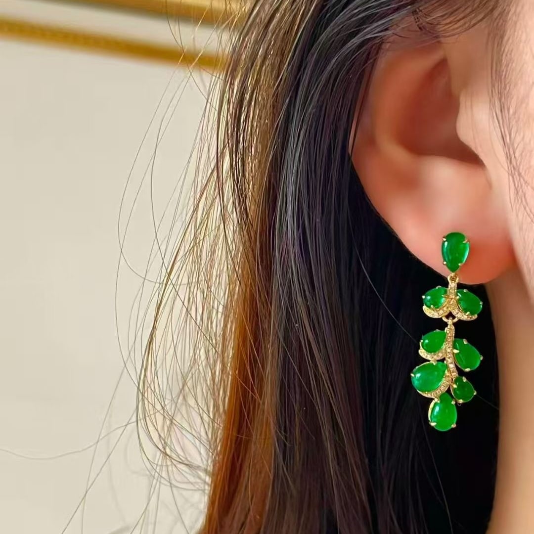 14k Gold 5.5 Ct Vivid Green Natural Emerald & Diamond Earrings - 5