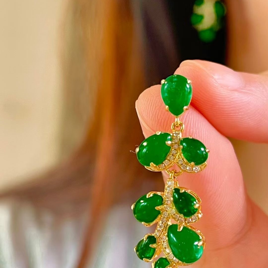 14k Gold 5.5 Ct Vivid Green Natural Emerald & Diamond Earrings - 6