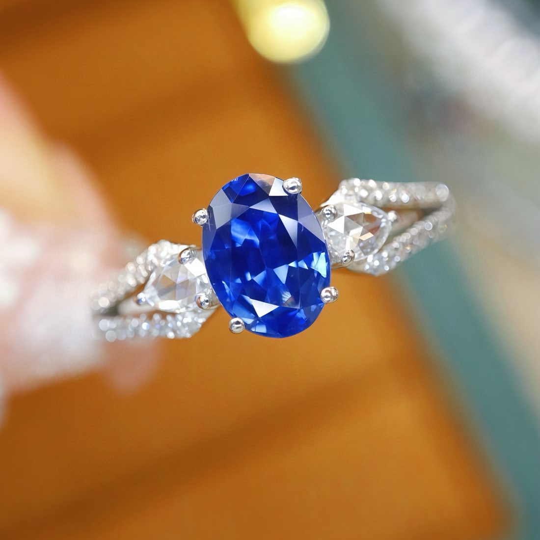 14k Gold 1.34 Ctw Natural Sapphire & Diamond Ring: Ref:231087235 // gold content:14k gold // ring size:7. 25 us // // main gemstone:sapphire // shape:oval // carat weight:1. 13ct // color:royal blue // treatment:natural // // adjacent gemstone 2 :