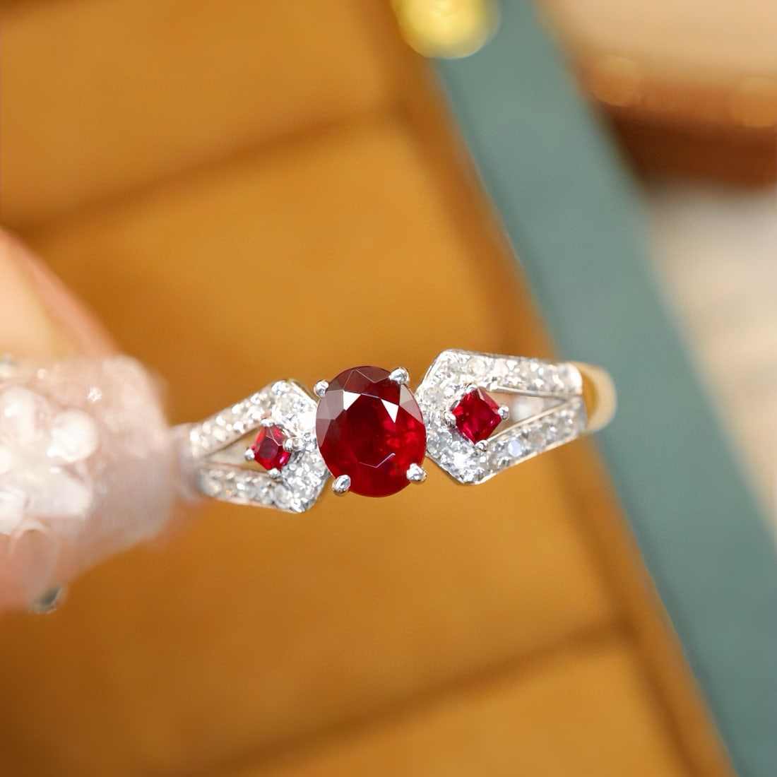 14k Gold 0.69 Ctw Vivid Red Natural Ruby & Diamond Ring: Ref:231087237 // gold content:14k gold // ring size:7. 25 us // // main gemstone:ruby // shape:oval // carat weight:0. 55ct // color:vivid red // treatment:natural // // adjacent gemstone 2 : diamond