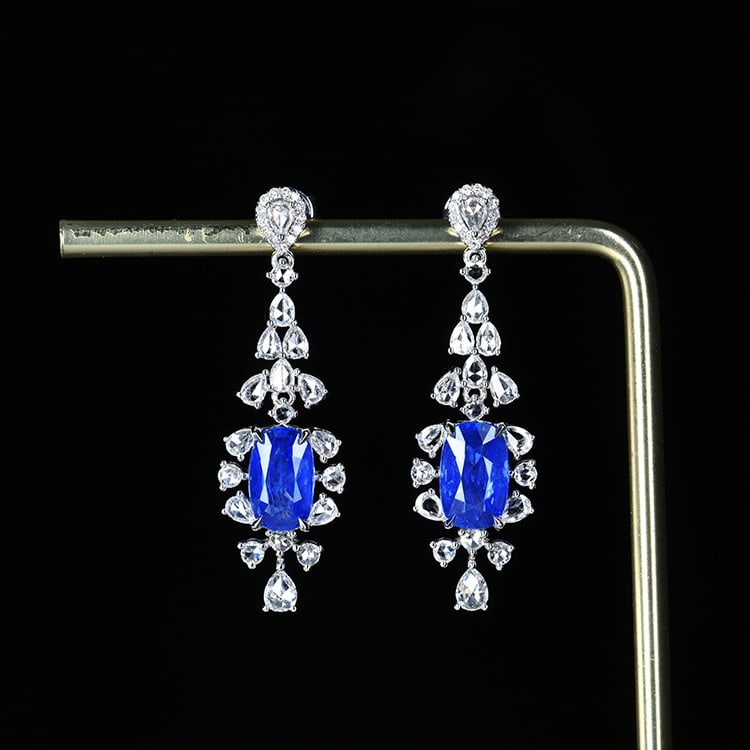 14k Gold 5.07 Ctw Natural Sapphire & Diamond Earrings: Ref:231088002 // gold content:14k gold // main gemstone:sapphire // shape:cushion // carat weight:3. 8ct // color:cornflower blue // treatment:natural // // adjacent gemstone 2 : diamond // number of 