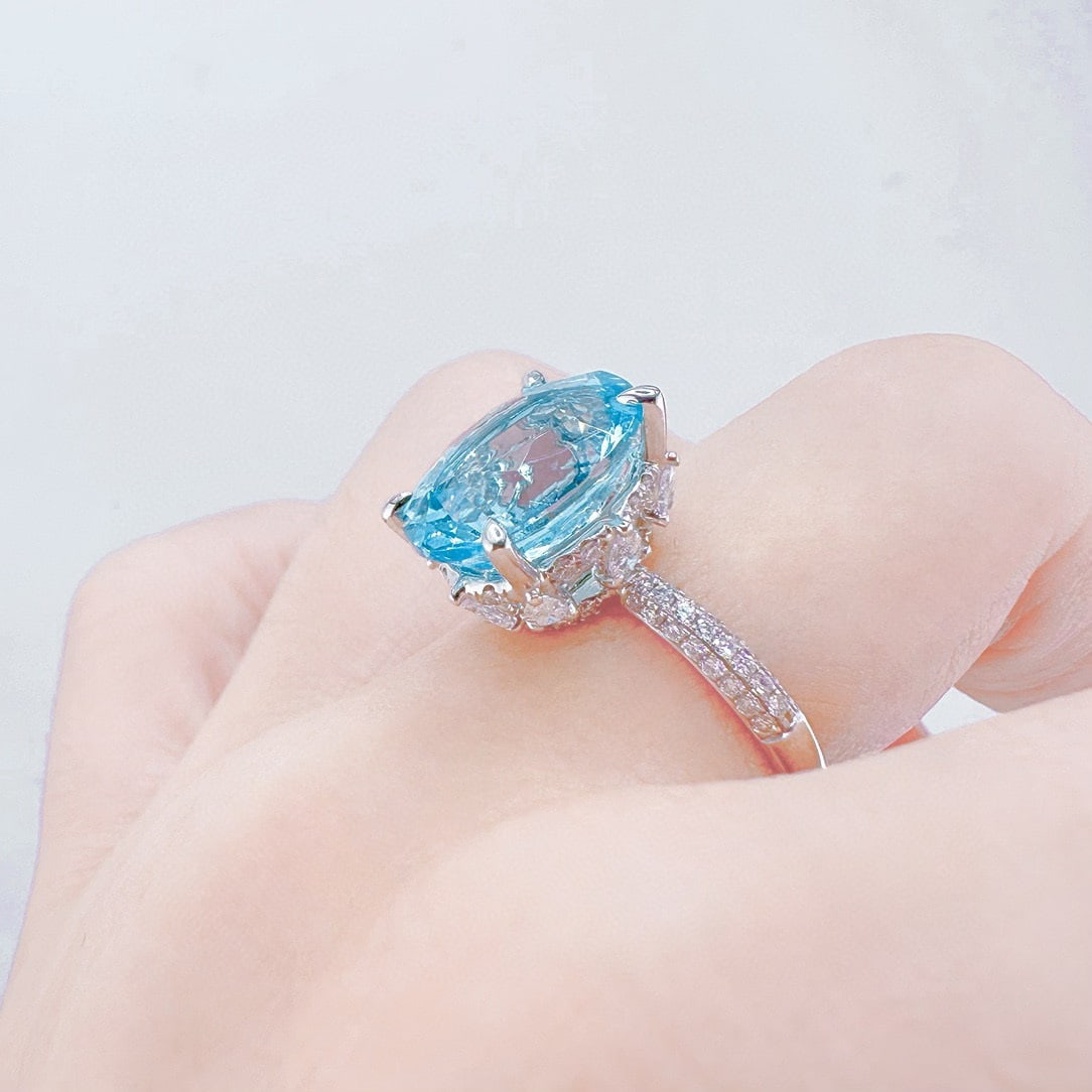 14k Gold 6.11 Ctw Natural Aquamarine & Diamond Ring - 5