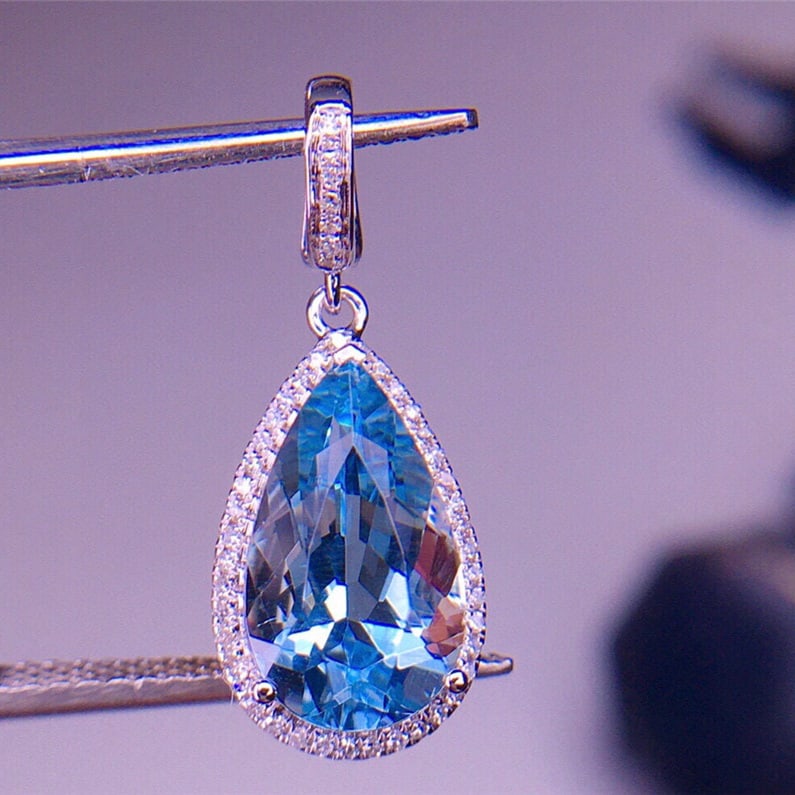 14k Gold 2.32 Ct Natural Aquamarine & Diamond Pendant( Without Chain ) - 4