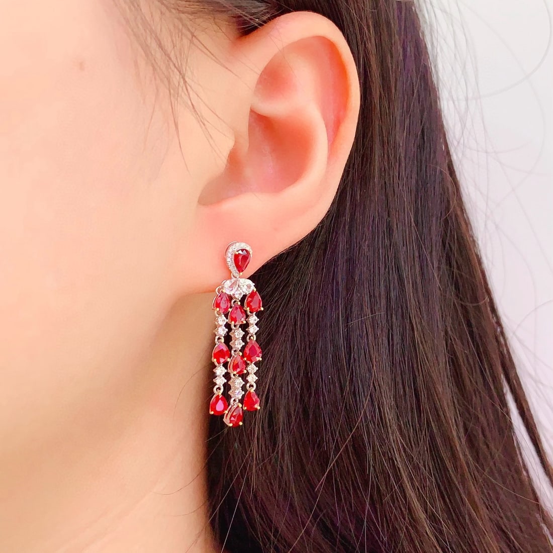 14k Gold 6.93 Ct Vivid Red Natural Ruby & Diamond & Sapphire Earrings - 6