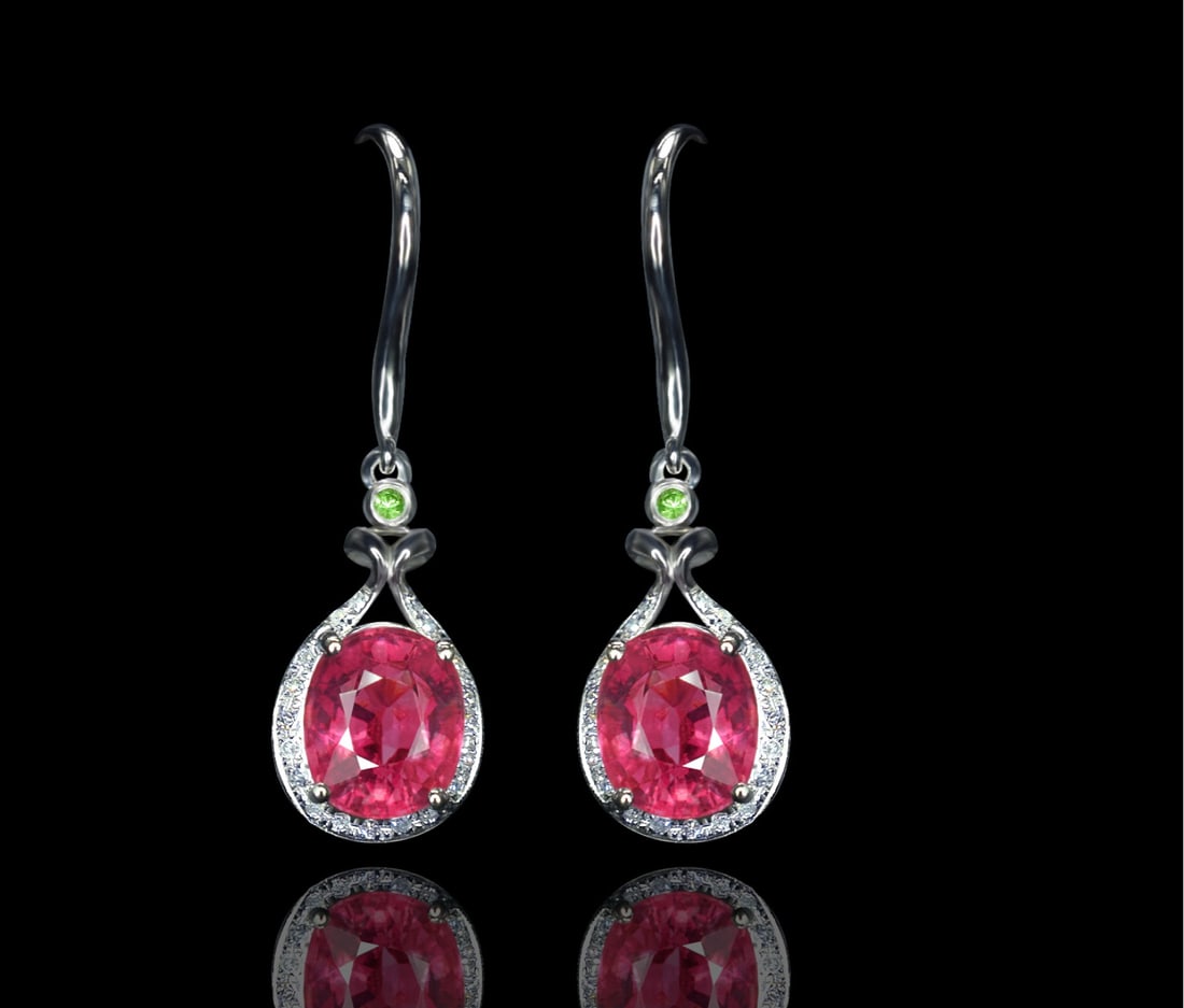 14k Gold 3.56 Ctw Natural Tourmaline & Diamond Earrings: Ref:231088052 // gold content:14k gold // main gemstone:tourmaline // shape:oval // carat weight:3. 45ct // color:red // treatment:natural // // adjacent gemstone 2 : diamond // number of stones:38