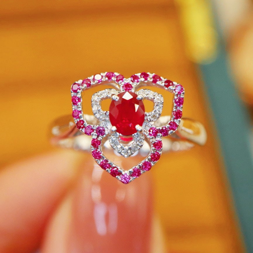14k Gold 0.36 Ctw Vivid Red Natural Ruby & Diamond Ring: Ref:231088069 // gold content:14k gold // ring size:7. 25us // // main gemstone:ruby // shape:oval // carat weight:0. 32ct // color:vivid red // treatment:natural // // adjacent gemstone 2 : diamond