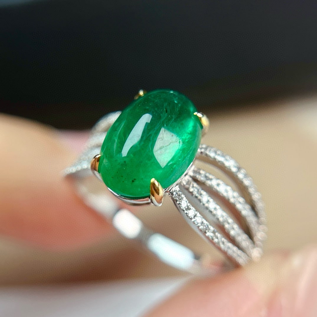 14k Gold 2.90 Ct Vivid Green Natural Emerald & Diamond Ring - 4