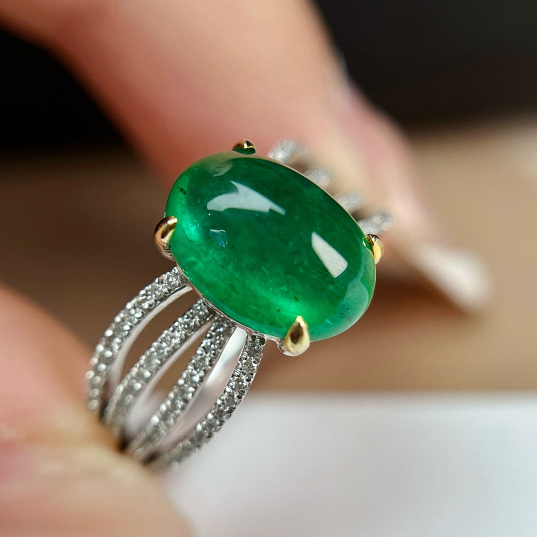 14k Gold 2.90 Ct Vivid Green Natural Emerald & Diamond Ring - 5