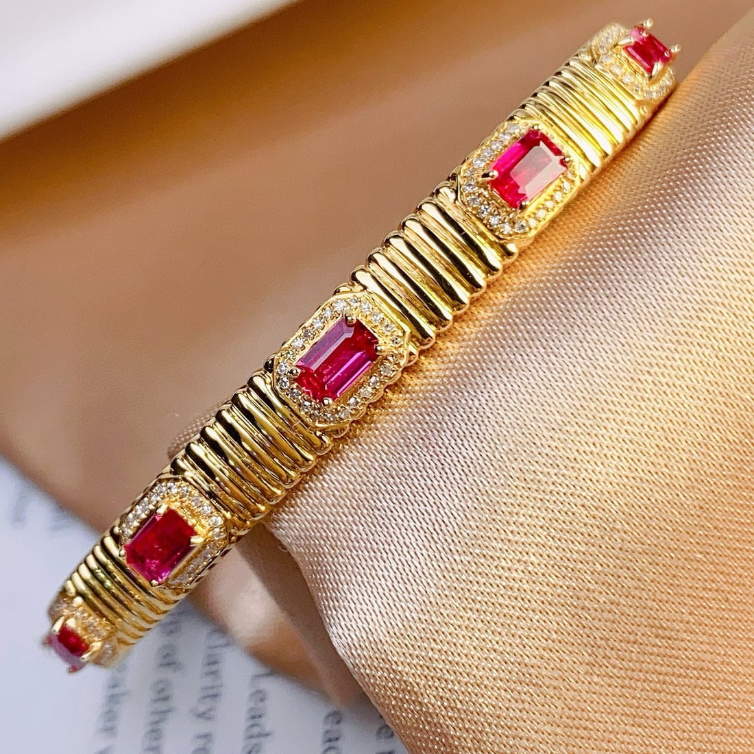 14k Gold 2.48 Ct Natural Ruby & Diamond Bangle - 2
