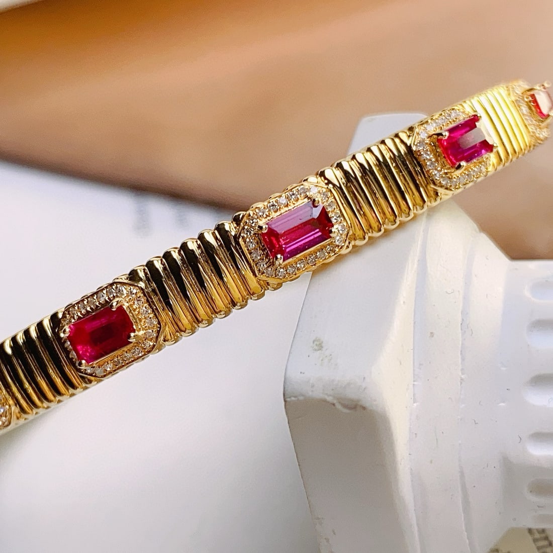 14k Gold 2.48 Ct Natural Ruby & Diamond Bangle - 4
