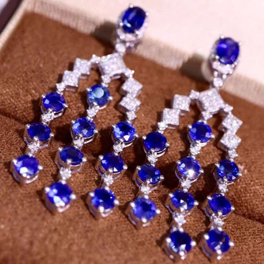 14k Gold 7.47 Ctw Vivid Blue Natural Sapphire & Diamond Earrings - 2