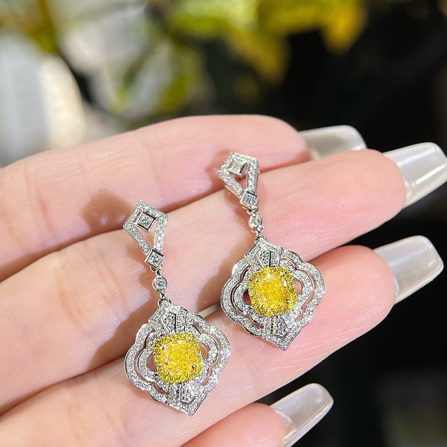 14k Gold 1.55 Ctw Natural Yellow Diamond & Diamond Earrings - 4
