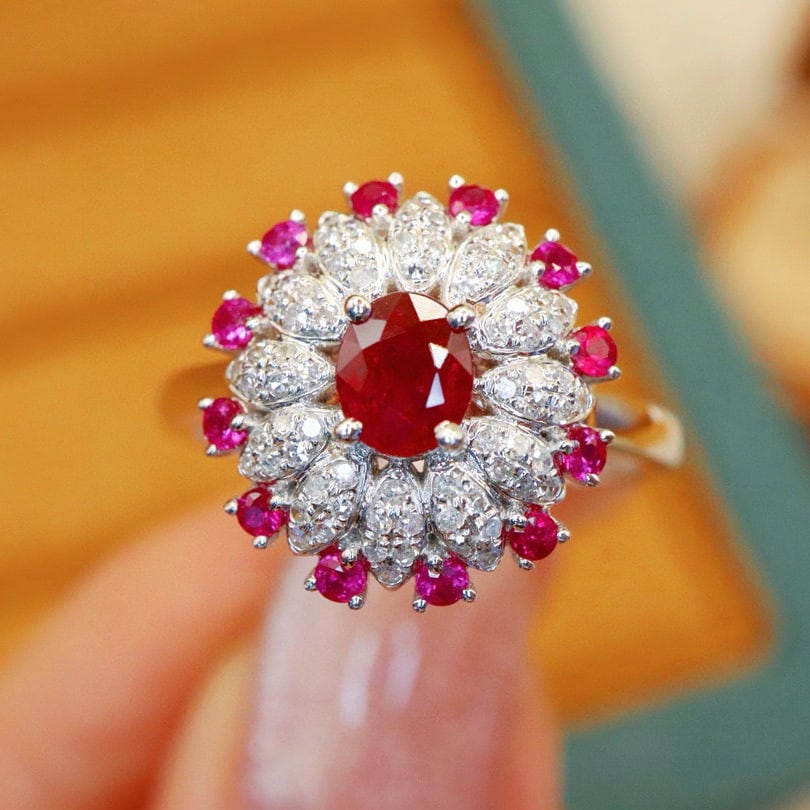 14k Gold 0.74 Ctw Vivid Red Natural Ruby & Diamond Ring: Ref:231088107 // gold content:14k gold // ring size:7. 25us // // main gemstone:ruby // shape:oval // carat weight:0. 53ct // color:vivid red // treatment:natural // // adjacent gemstone 2 : diamond