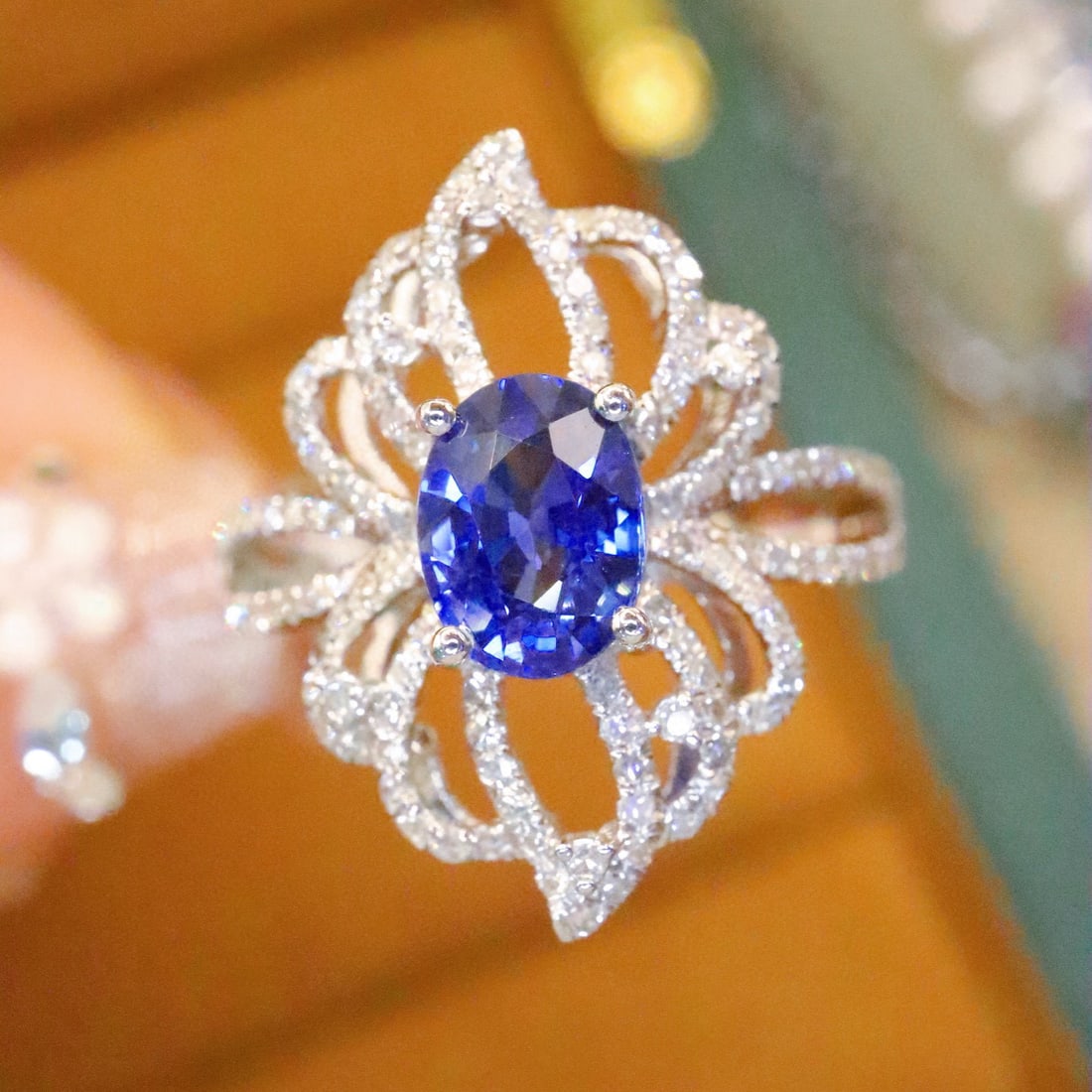 14k Gold 1.64 Ctw Natural Sapphire & Diamond Ring: Ref:231088110 // gold content:14k gold // ring size:7. 25us // // main gemstone:sapphire // shape:oval // carat weight:1. 25ct // color:cornflower blue // treatment:natural // // adjacent gemstone 2