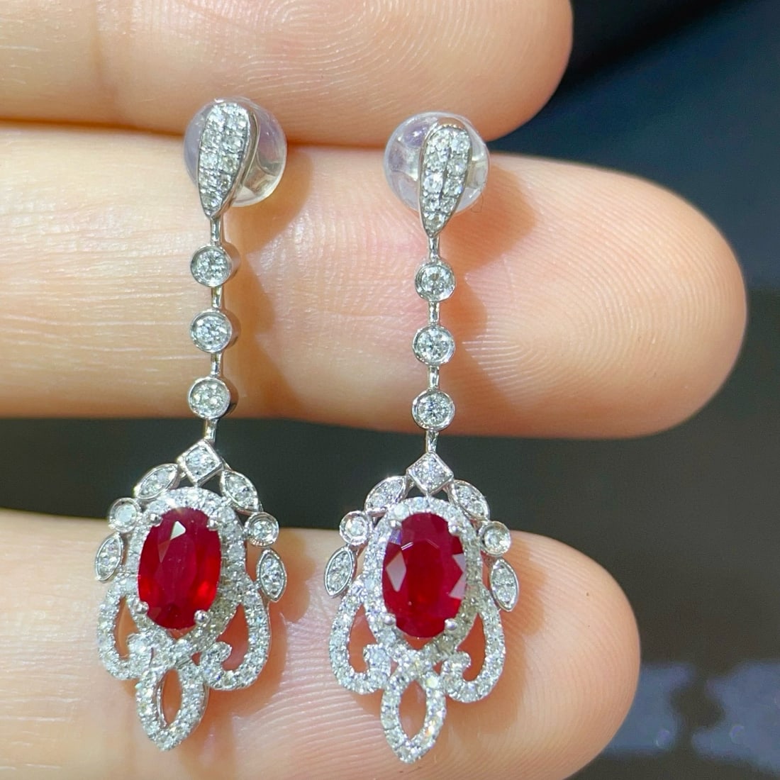 14k Gold 1.60 Ctw Vivid Red Natural Ruby & Diamond Earrings - 2