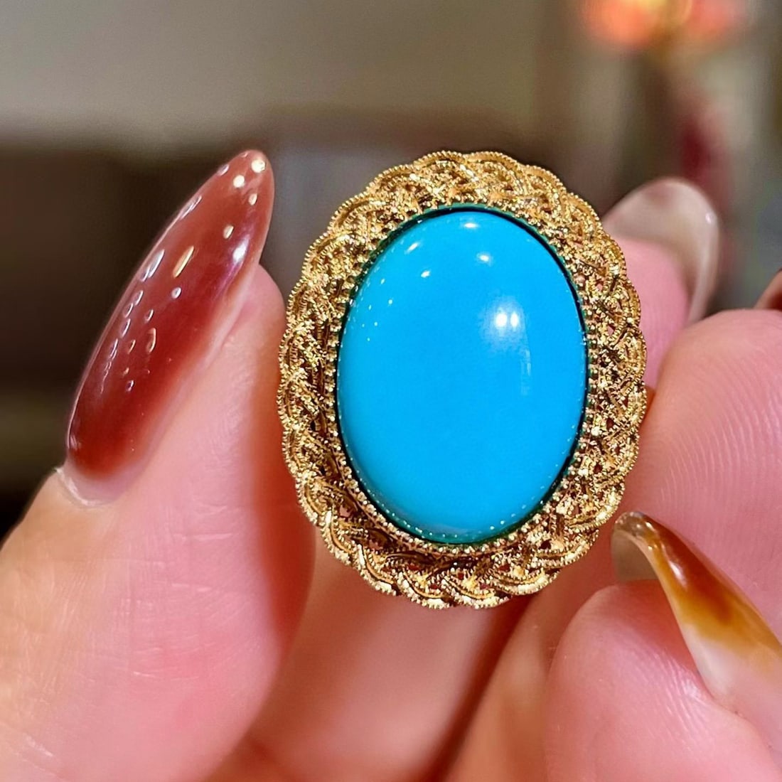14k Gold 5.56 Ct Natural Blue Turquoise Ring: Ref:231088119 // gold content:14k gold // ring size:7. 25us // // main gemstone:blue turquoise // shape:oval // carat weight:5. 56ct // color:blue // treatment:natural // Condition: New Low Estimate: 