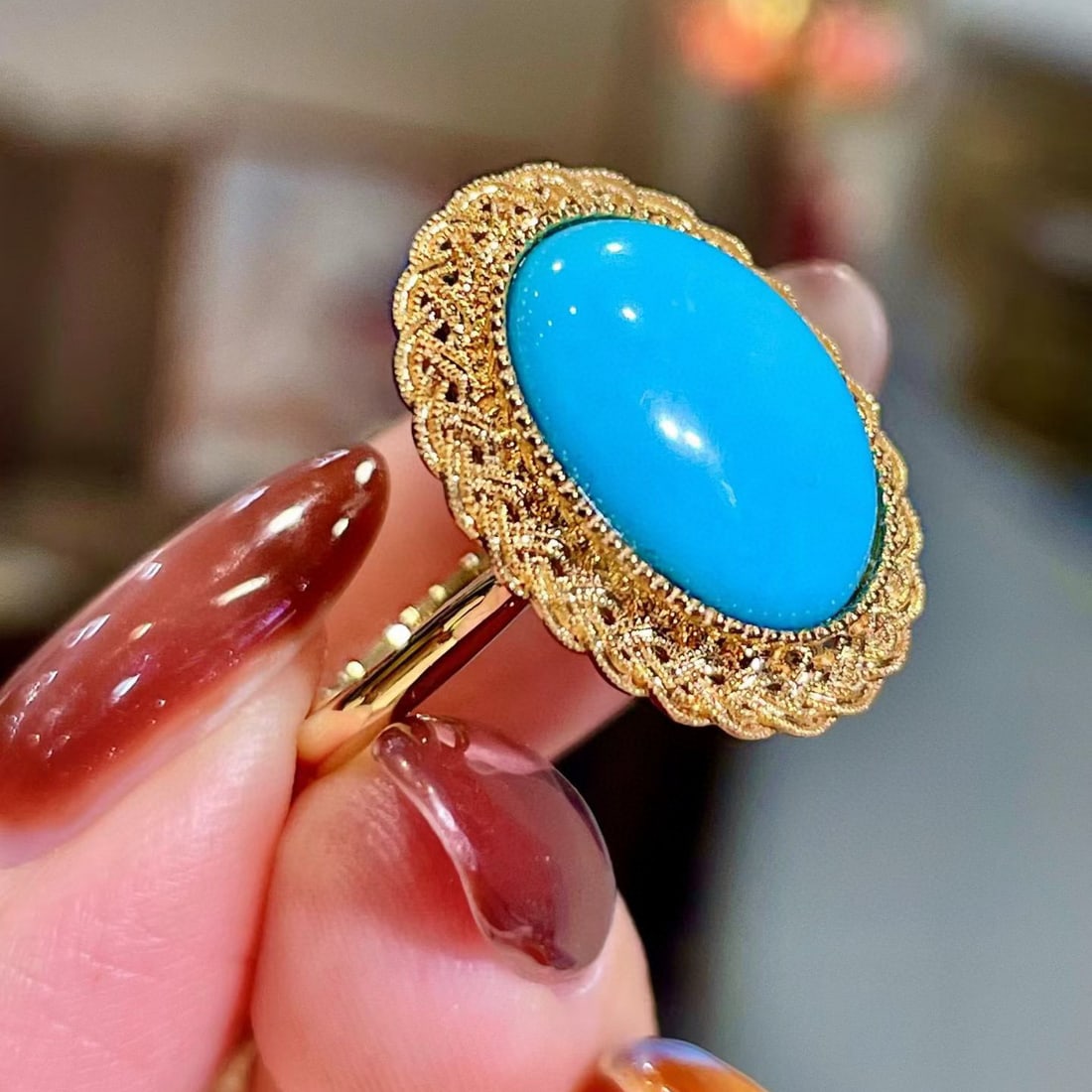 14k Gold 5.56 Ct Natural Blue Turquoise Ring - 3