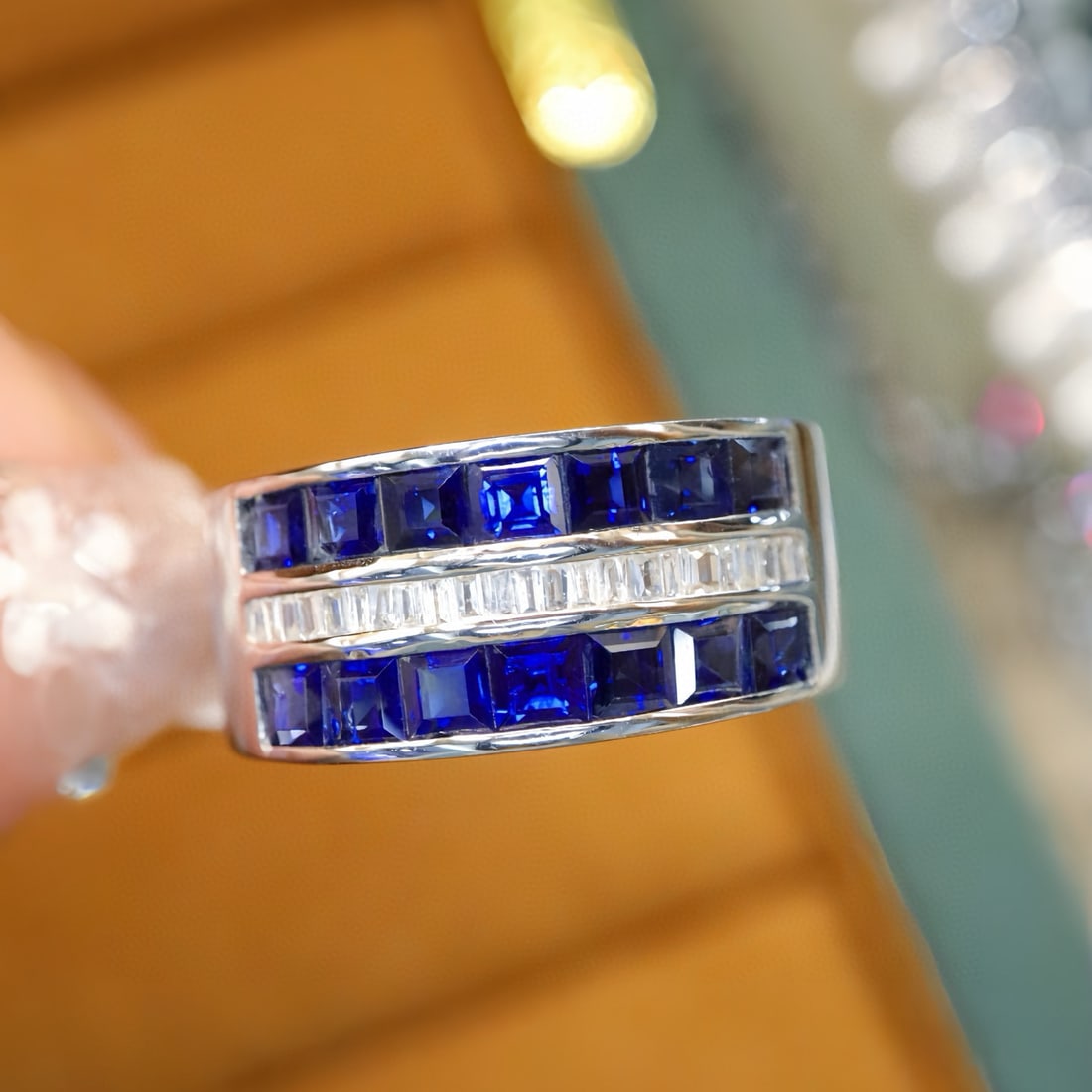14k Gold 2.24 Ctw Vivid Blue Natural Sapphire & Diamond Ring: Ref:231088123 // gold content:14k gold // ring size:7. 25us // // main gemstone:sapphire // shape:square // carat weight:2. 1ct // color:vivid blue // treatment:natural // // adjacent gemstone 2 :