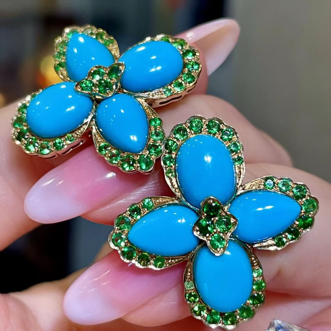 14k Gold 14.11 Ctw Natural Blue Turquoise & Tsavorite Earrings - 3
