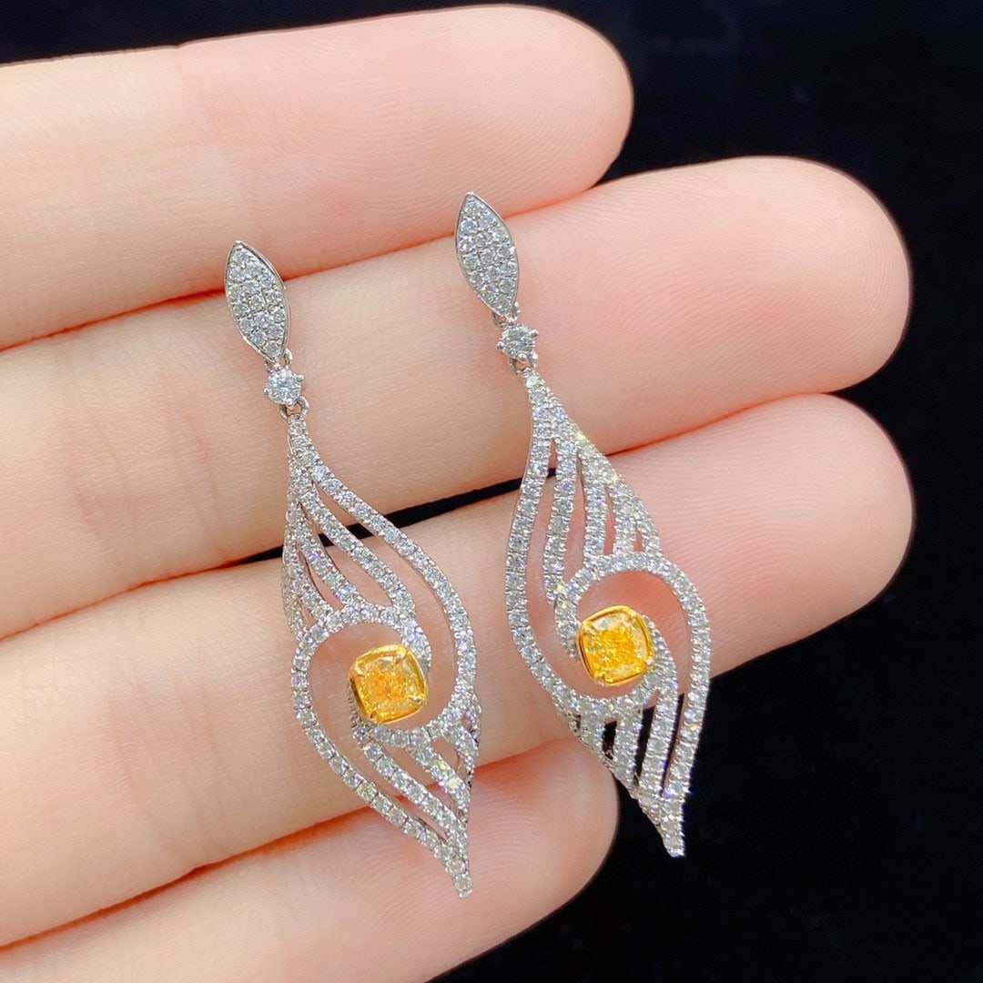 14k Gold 1.29 Ctw Natural Yellow Diamond & Diamond Earrings: Ref:231088138 // gold content:14k gold // main gemstone:yellow diamond // shape:cushion // carat weight:0. 40ct // color:yellow // treatment:natural // // adjacent gemstone 2 : diamond // shape:round