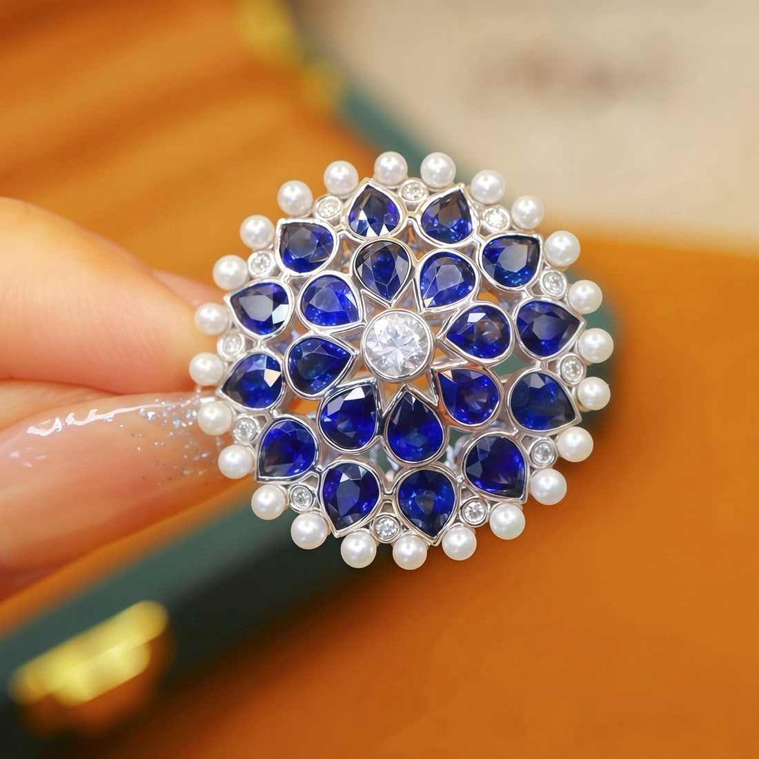 14k Gold 5.80 Ctw Natural Sapphire & Diamond Brooch/pendant( Without Chain ): Ref:231088142 // gold content:14k gold // main gemstone:sapphire // shape:pear // carat weight:5. 68ct // color:royal blue // treatment:natural // // adjacent gemstone 2 : diamond // number of