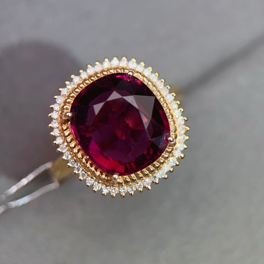 14k Gold 5.73 Ctw Natural Tourmaline & Diamond Ring: Ref:231088150 // gold content:14k gold // ring size:7. 25us // // main gemstone:tourmaline // shape:cushion // carat weight:5. 5ct // color:red // treatment:natural // // adjacent gemstone 2 : diamond