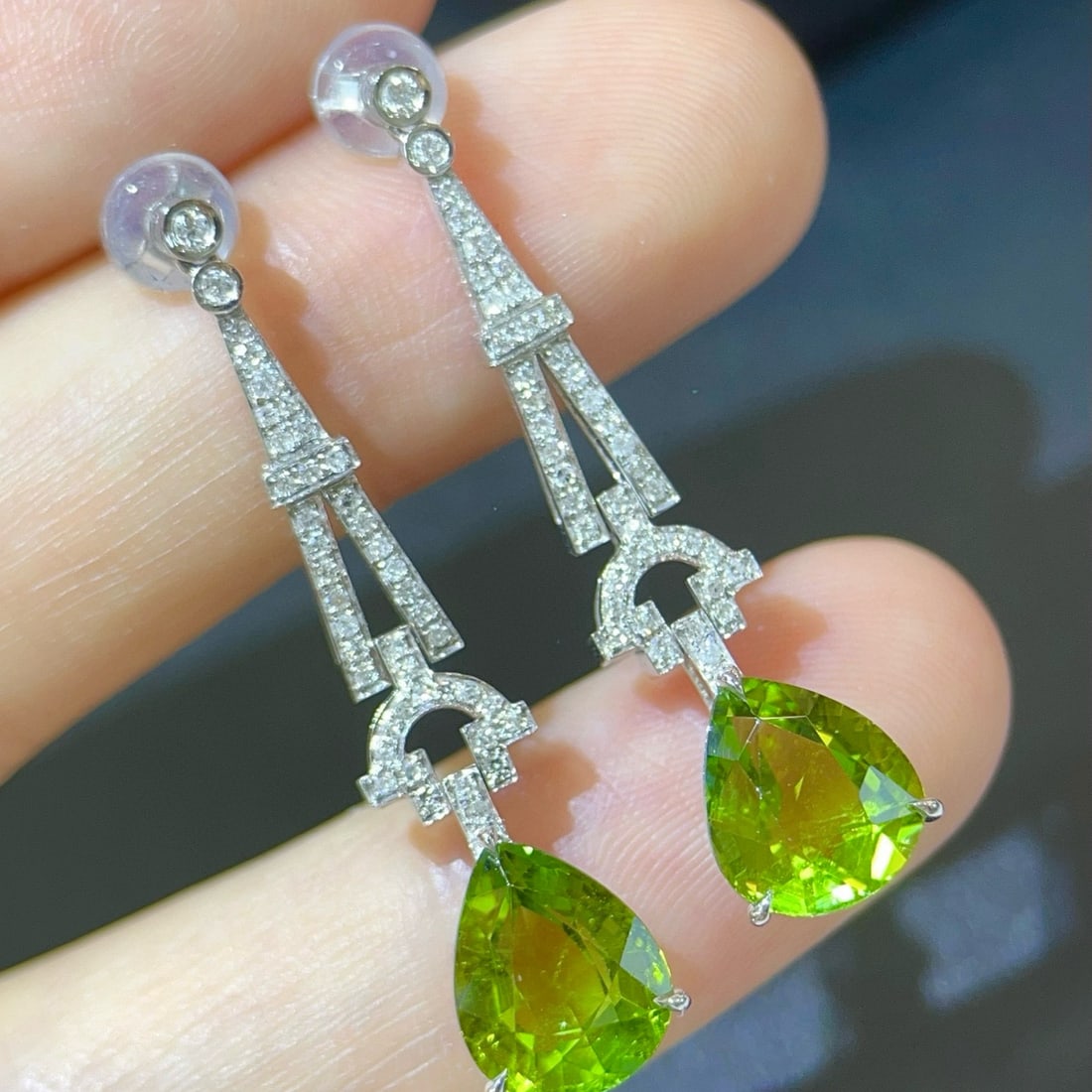 14k Gold 6.19 Ctw Natural Tourmaline & Diamond Earrings: Ref:231088159 // gold content:14k gold // main gemstone:tourmaline // shape:pear // carat weight:5. 90ct // color:green // treatment:natural // // adjacent gemstone 2 : diamond // shape:round //