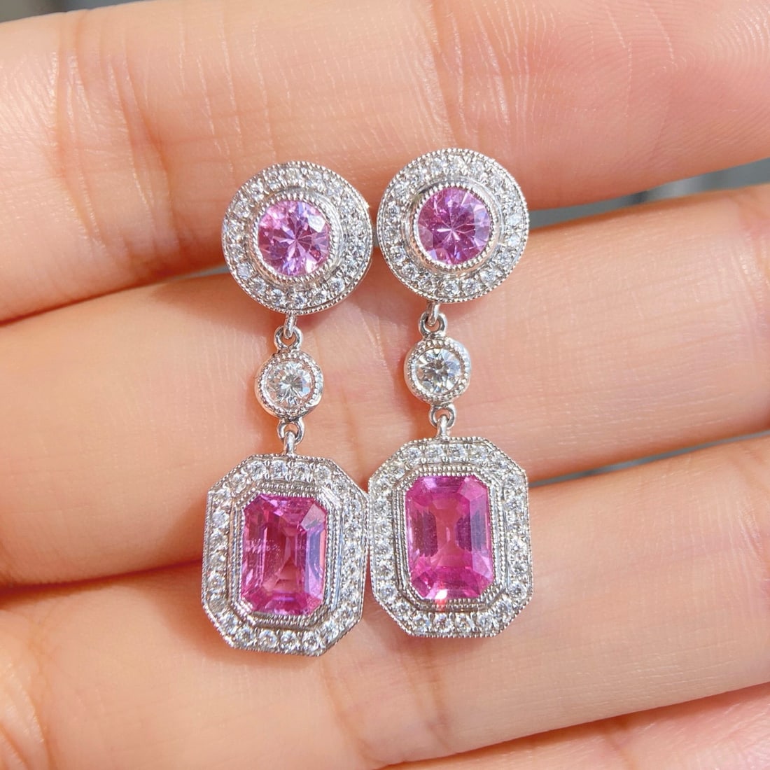 14k Gold 3.24 Ctw Natural Sapphire & Diamond Earrings: Ref:231088168 // gold content:14k gold // main gemstone:sapphire // shape:octagonal // carat weight:2. 5ct // color:pink // treatment:natural // // adjacent gemstone 2 : diamond // shape:round // cara