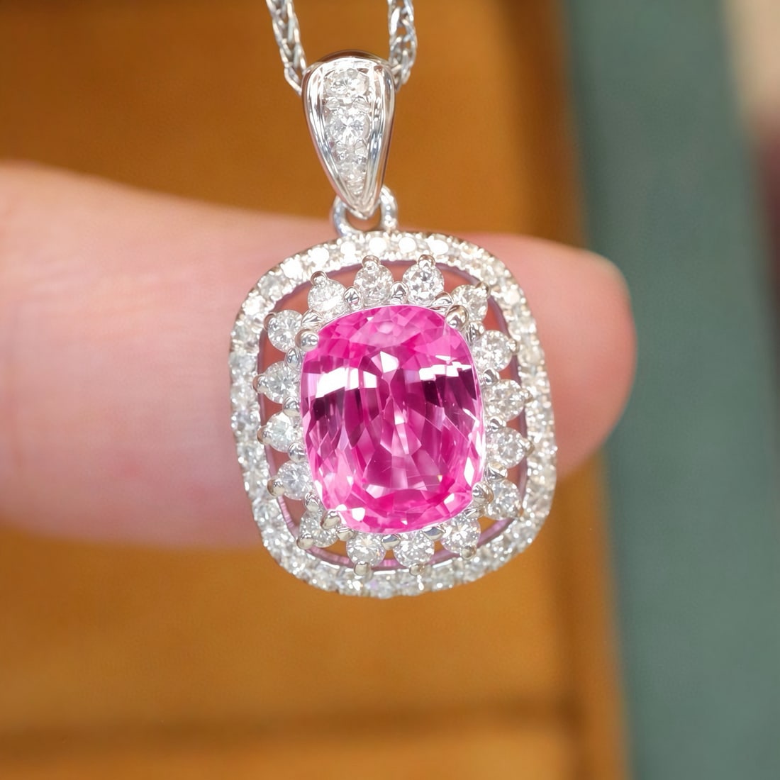 14k Gold 1.47 Ctw Natural Padparadscha Sapphire & Diamond Pendant( Without Chain ): Ref:231088175 // gold content:14k gold // main gemstone:padparadscha sapphire // shape:cushion // carat weight:1. 18ct // color:orangish pink // treatment:natural // // adjacent gemstone 2 : diamond
