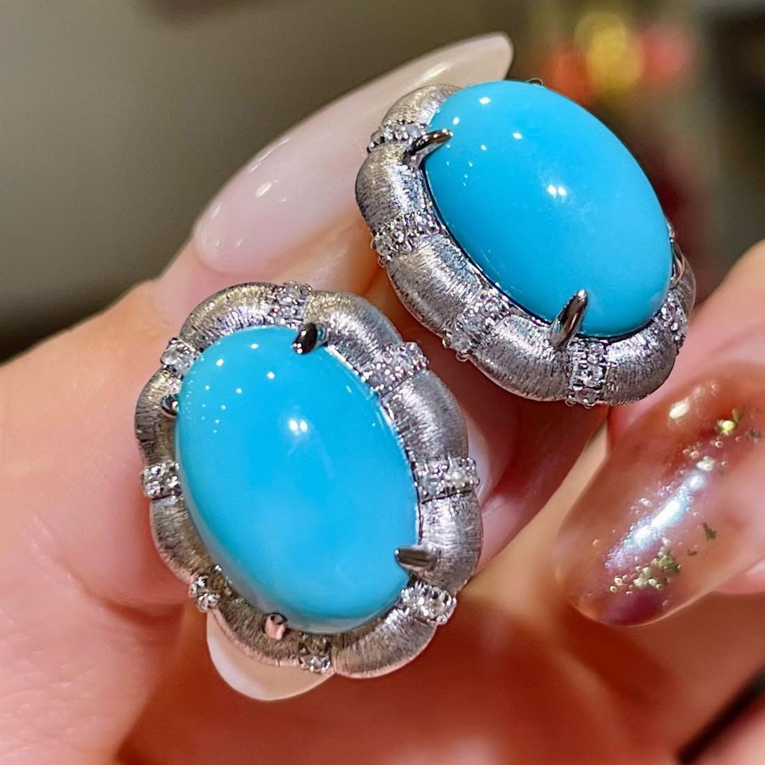 14k Gold 10.06 Ctw Natural Blue Turquoise & Diamond Earrings - 2