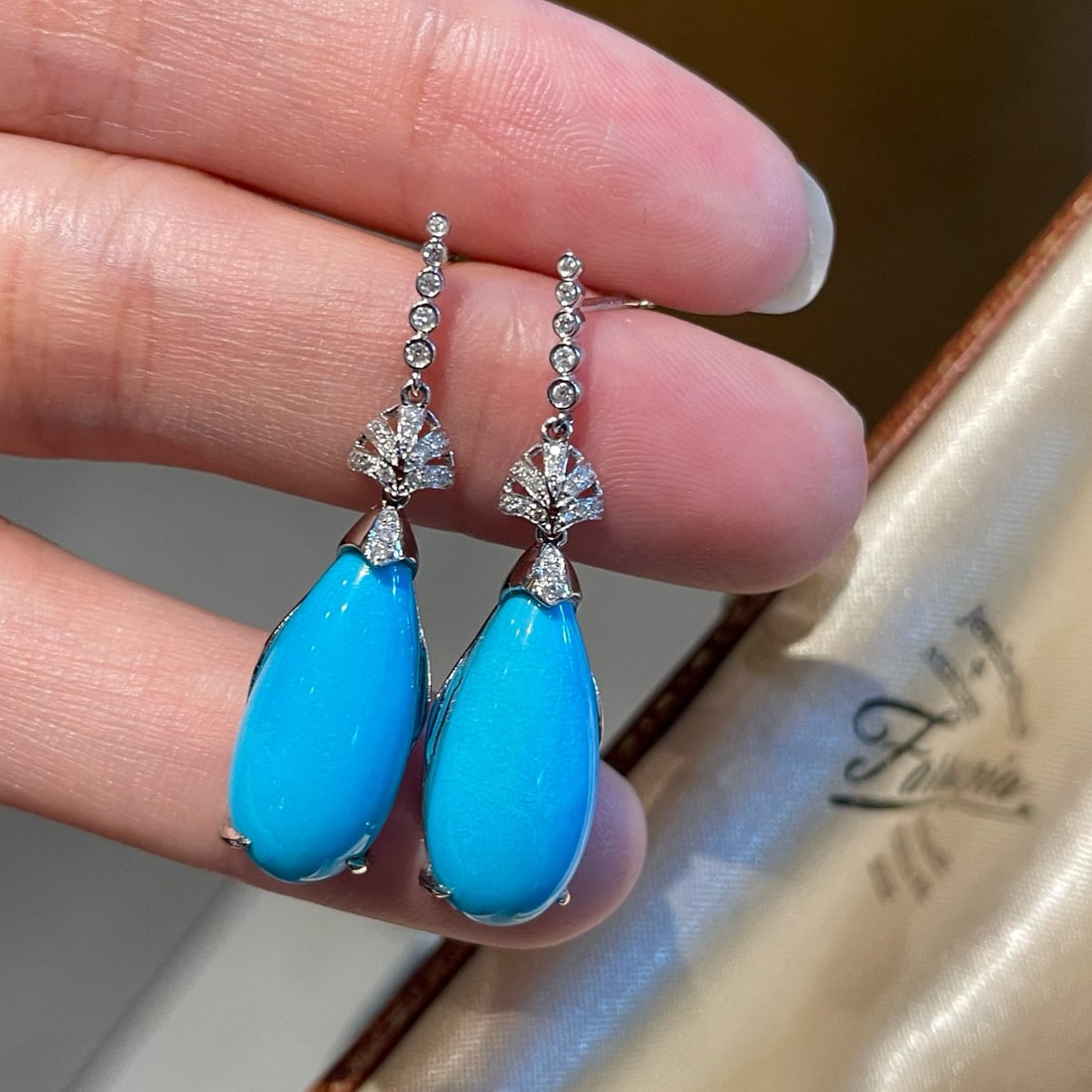 14k Gold 12.63 Ct Natural Blue Turquoise & Diamond Earrings - 2