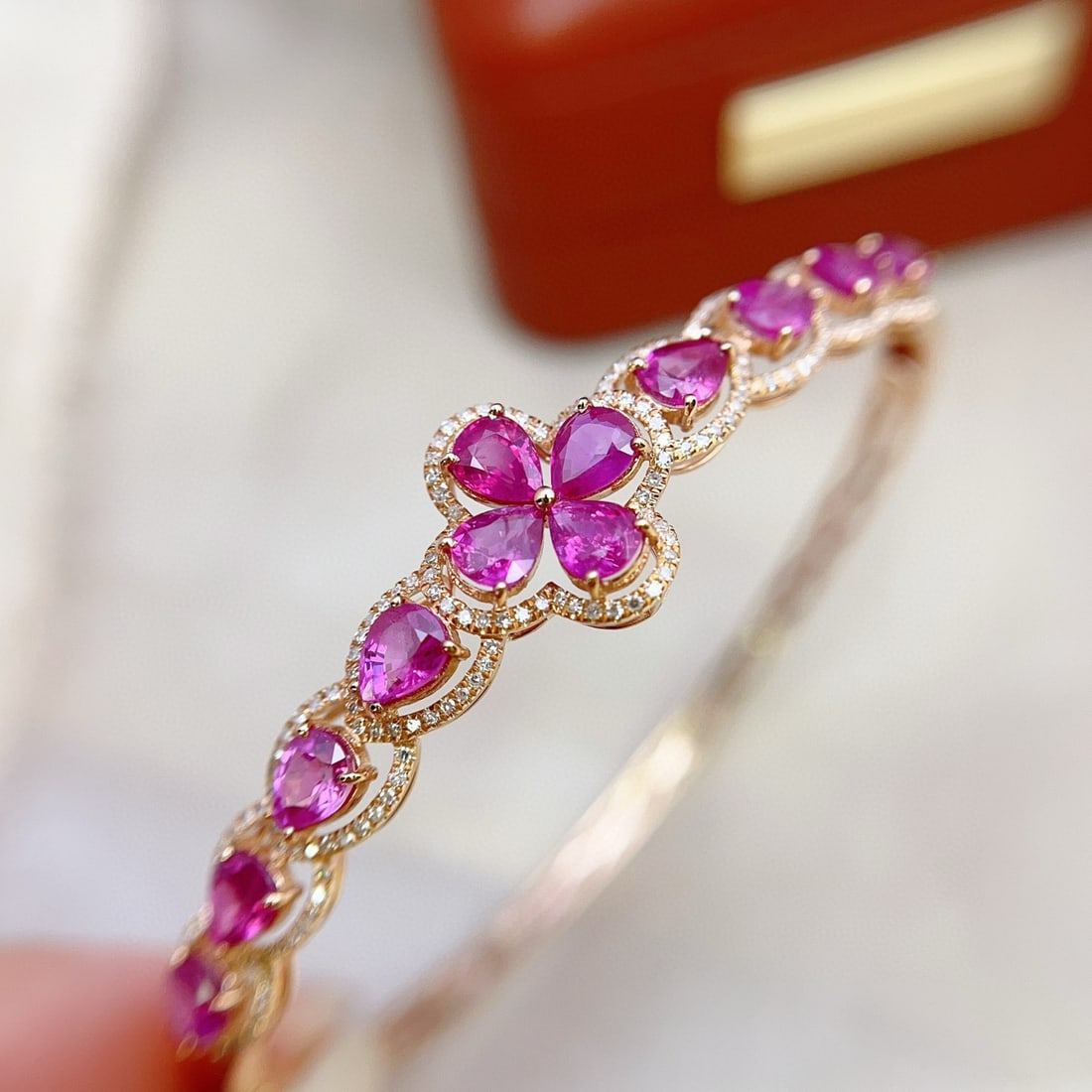 14k Gold 6.30 Ct Natural Ruby & Diamond Bangle - 5