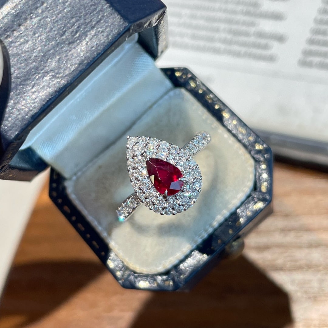 14k Gold 0.65 Ct Natural Ruby & Diamond Ring: Ref:231088216 // gold content:14k gold // ring size:7. 25us // // main gemstone:ruby // shape:pear // carat weight:0. 65ct // color:pigeonblood red // treatment:natural // // adjacent gemstone 2 :