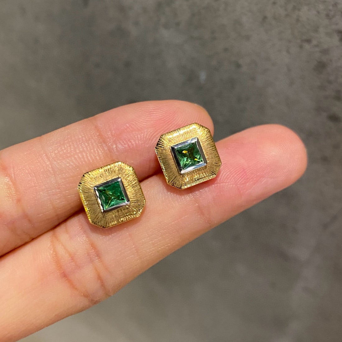 14k Gold 0.57 Ct Natural Tsavorite Earrings: Ref:231088219 // gold content:14k gold // main gemstone:tsavorite // shape:princess // carat weight:0. 57ct // color:green // treatment:natural // Condition: New Low Estimate: 1700.00 High Estimate: