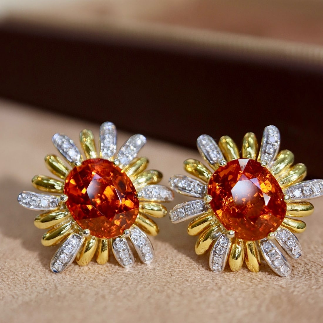14k Gold 8.24 Ctw Natural Spessartine & Diamond Earrings: Ref:231088242 // gold content:14k gold // main gemstone:spessartine // shape:oval // carat weight:8. 0ct // color:orange // treatment:natural // // adjacent gemstone 2 : diamond // shape:round // cara
