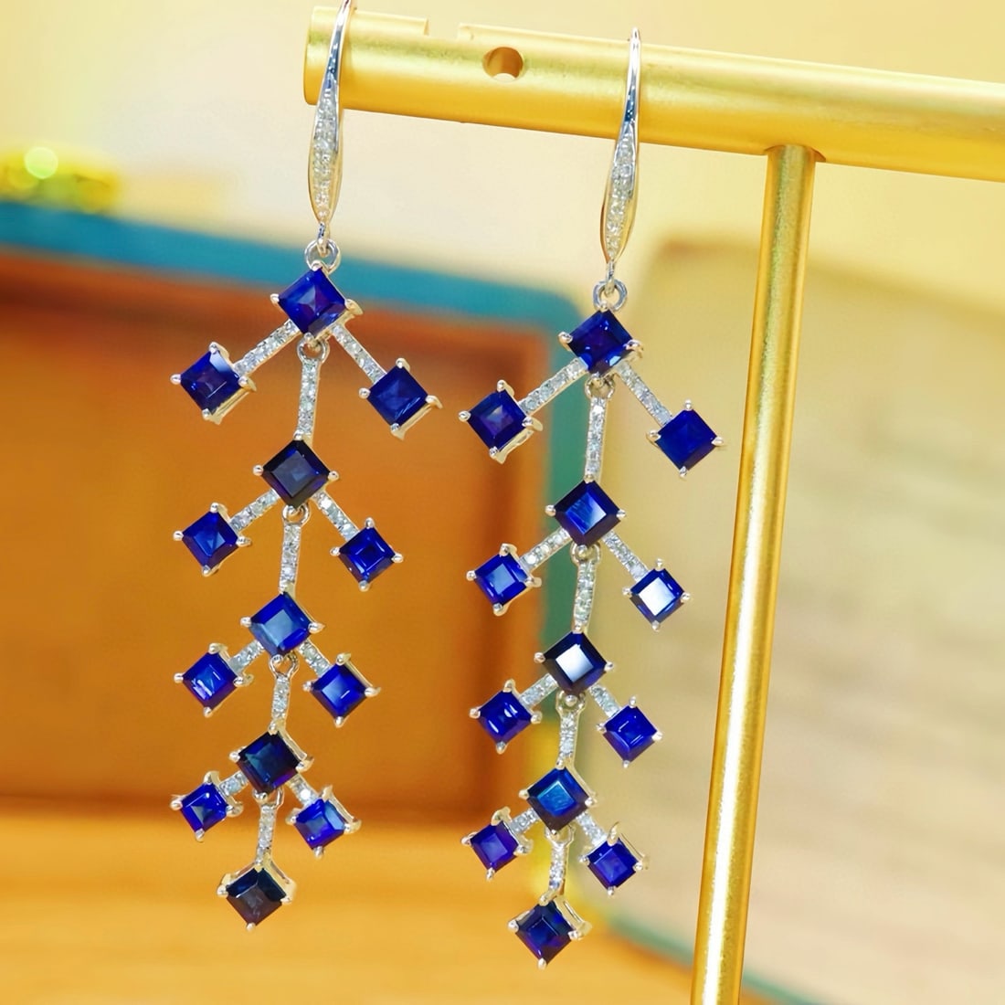 14k Gold 5.63 Ctw Natural Sapphire & Diamond Earrings: Ref:231088270 // gold content:14k gold // main gemstone:sapphire // shape:square // carat weight:5. 39ct // color:royal blue // treatment:natural // // adjacent gemstone 2 : diamond // number of