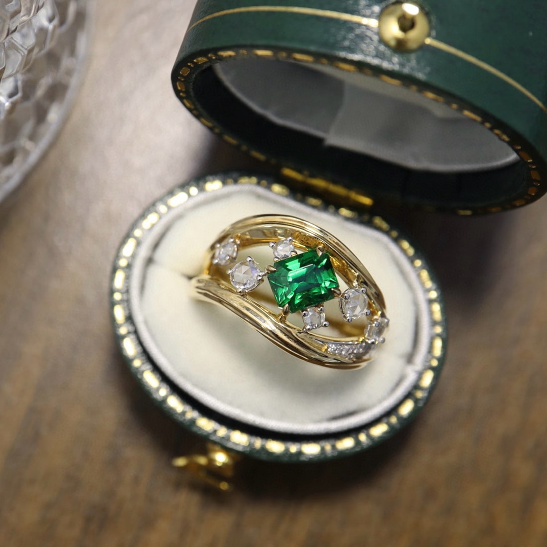 14k Gold 1.49 Ctw Vivid Green Natural Tsavorite & Diamond Ring: Ref:231088309 // gold content:14k gold // ring size:7. 25us // // main gemstone:tsavorite // shape:octagonal // carat weight:1. 19ct // color:vivid green // treatment:natural // // adjacent gemstone 2
