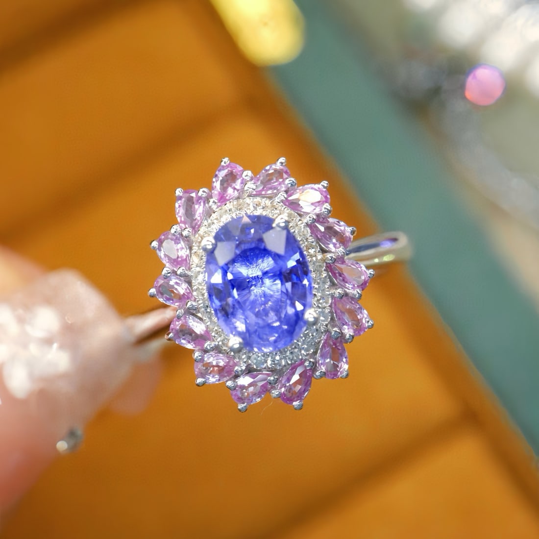 14k Gold 1.39 Ctw Natural Sapphire & Diamond Ring: Ref:231088360 // gold content:14k gold // ring size:7. 25us // // main gemstone:sapphire // shape:oval // carat weight:1. 32ct // color:cornflower blue // treatment:natural // // adjacent gemstone 2