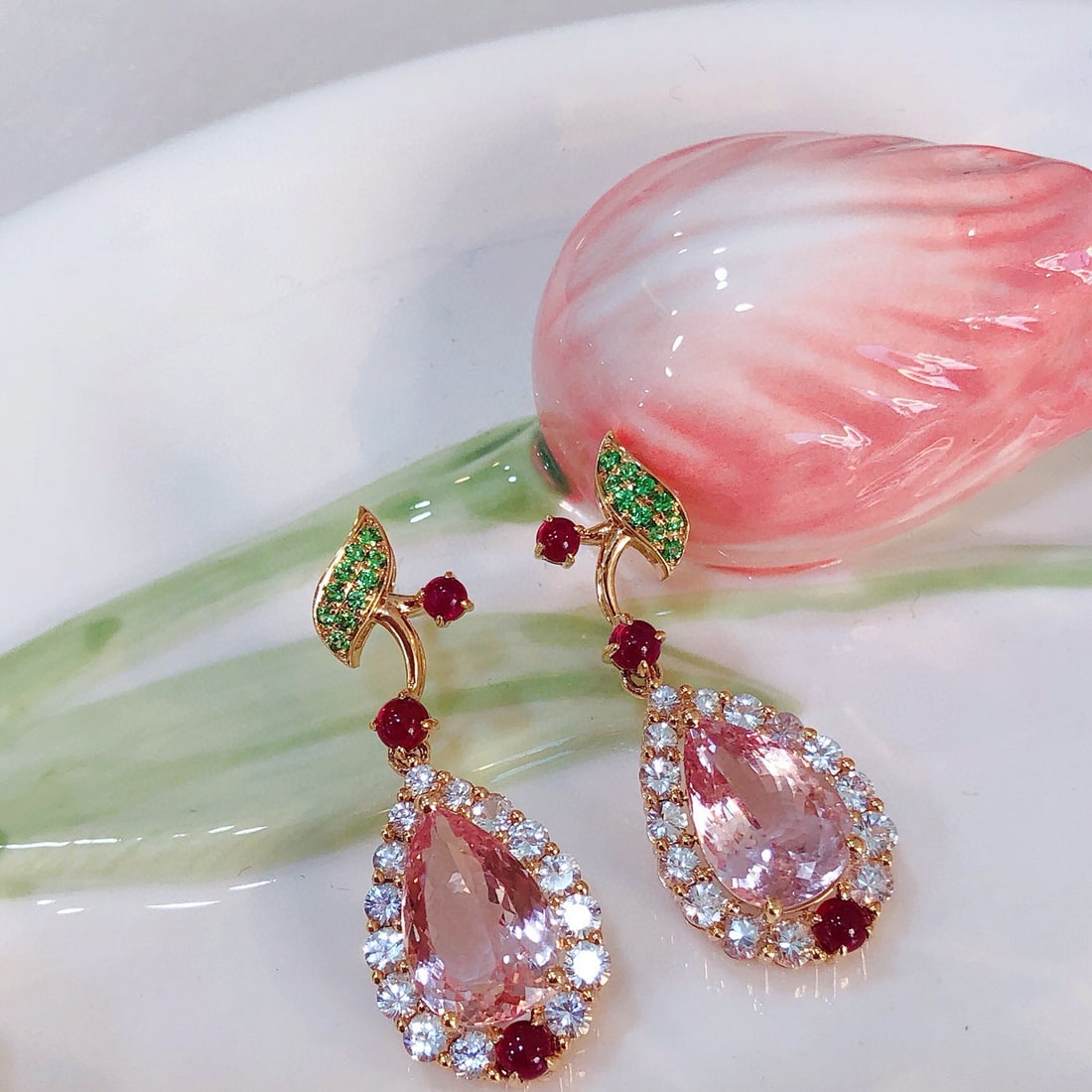 14k Gold 6.36 Ct Natural Morganite & Sapphire & Ruby & Tsavorite Earrings: Ref:231088361 // gold content:14k gold // main gemstone:morganite // shape:pear // carat weight:6. 36ct // color:pink // treatment:natural // // adjacent gemstone 2 : sapphire // shape:round //