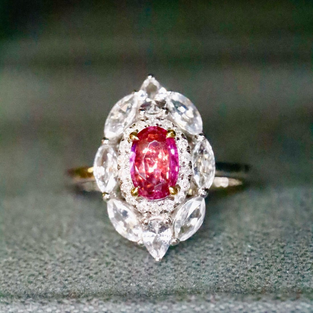 14k Gold 0.66 Ctw Natural Padparadscha Sapphire & Diamond Ring: Ref:231088377 // gold content:14k gold // ring size:7. 25us // // main gemstone:padparadscha sapphire // shape:oval // carat weight:0. 57ct // color:orangish pink // treatment:natural // // adjacent