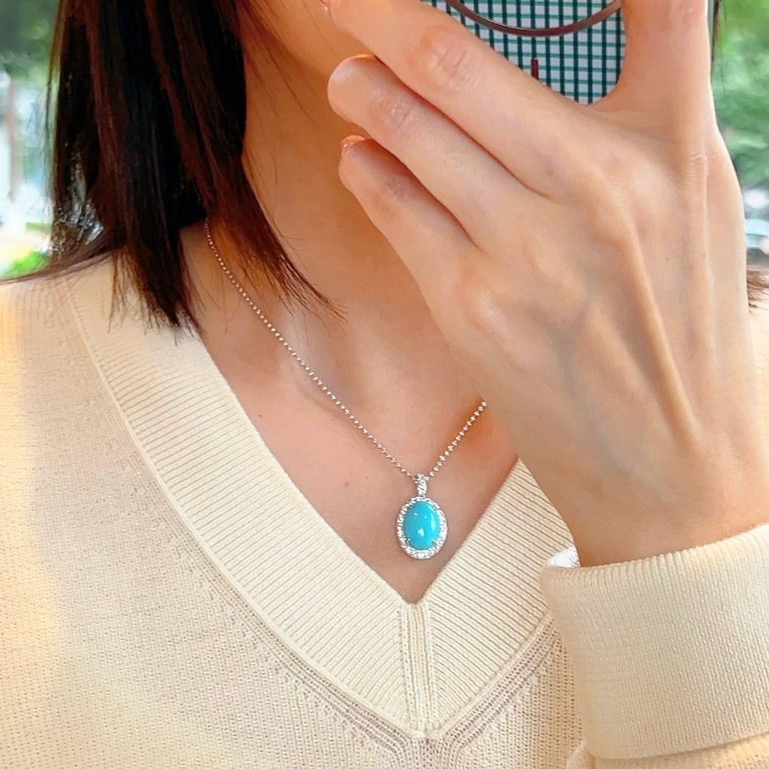 14k Gold 5.23 Ctw Natural Blue Turquoise & Lab Grown Diamond Pendant( Without Chain ) - 4