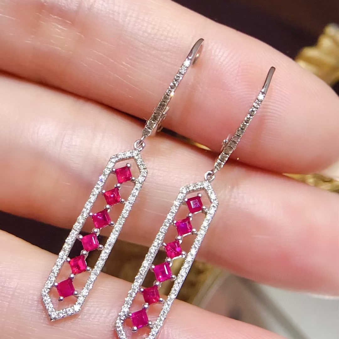 14k Gold 1.30 Ctw Natural Ruby & Diamond Earrings: Ref:231088395 // gold content:14k gold // main gemstone:ruby // shape:square // carat weight:0. 85ct // color:red // treatment:natural // // adjacent gemstone 2 : diamond // shape:round // carat weigh