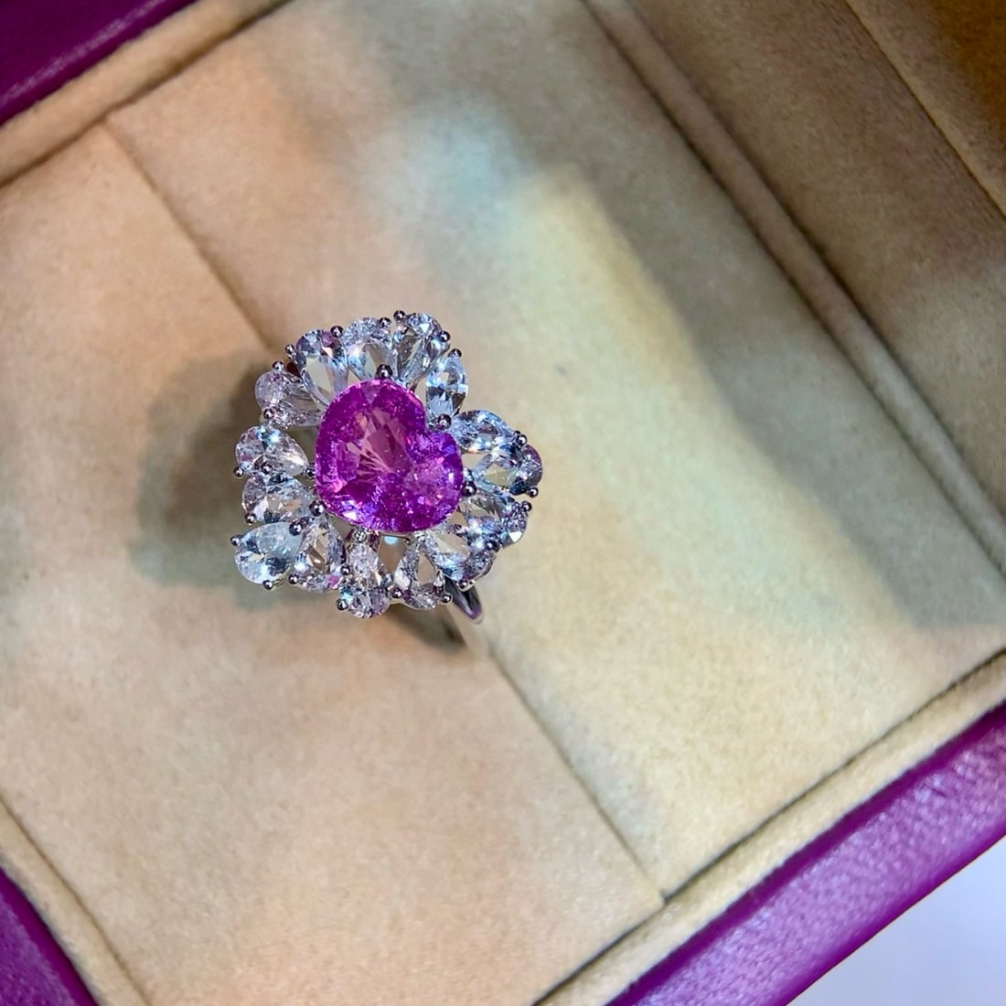 14k Gold 3.42 Ctw Natural Sapphire & Sapphire Ring: Ref:231088429 // gold content:14k gold // ring size:7. 25us // // main gemstone:sapphire // shape:heart // carat weight:1. 76ct // color:purplish pink // treatment:natural // // adjacent gemstone 2 :