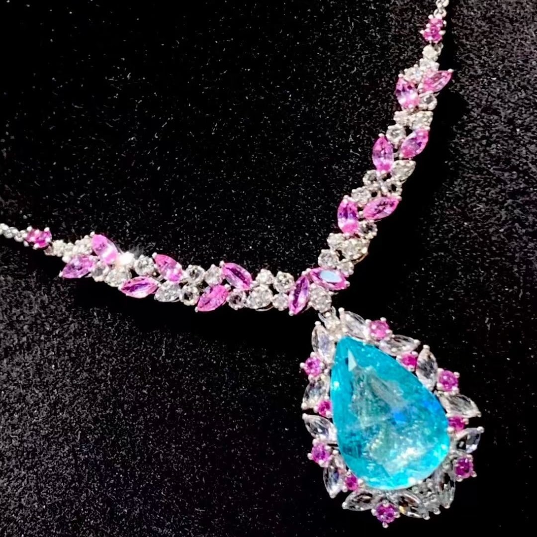 14k Gold 6.19 Ct Natural Paraiba Tourmaline & Coloured Gemstone Necklace - 2