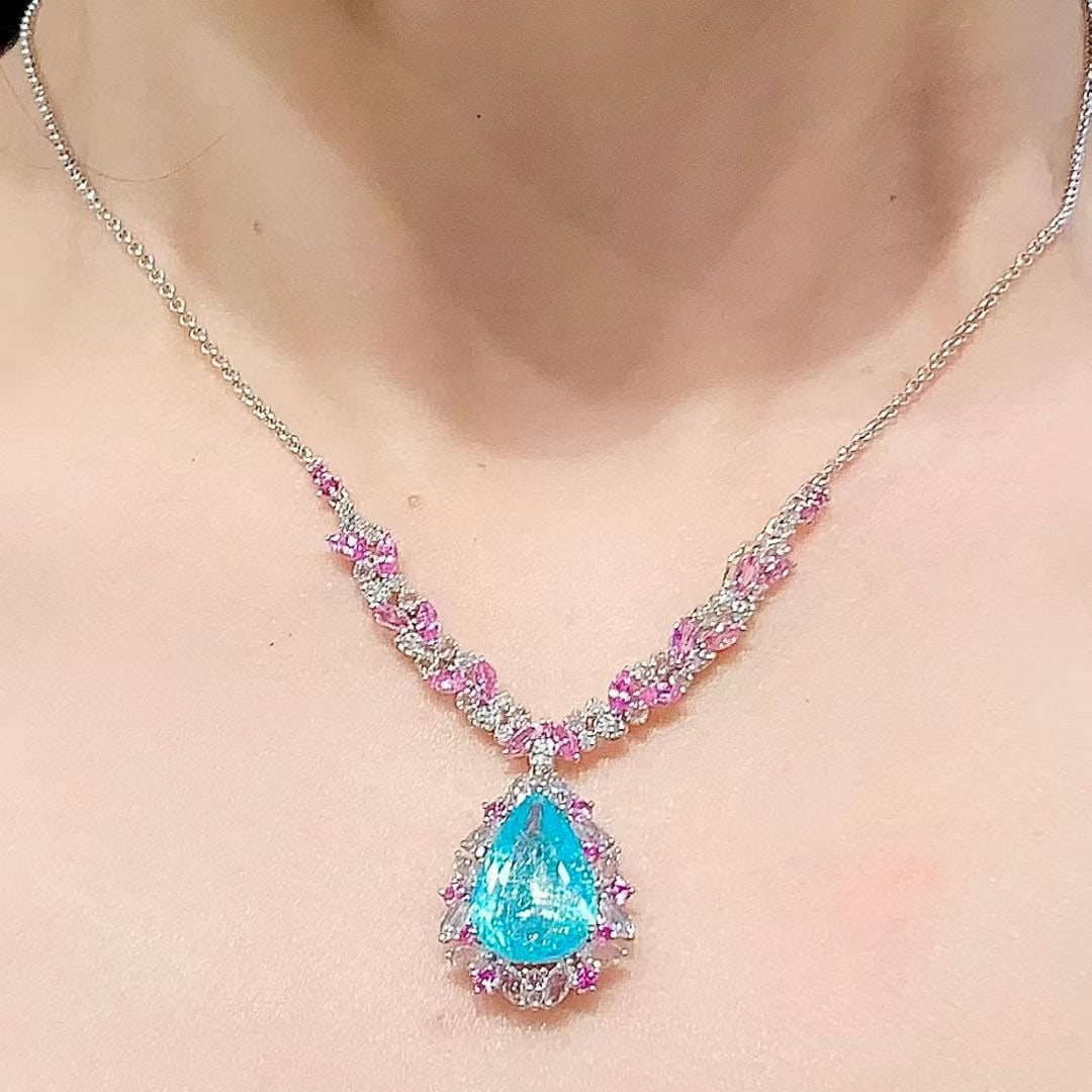 14k Gold 6.19 Ct Natural Paraiba Tourmaline & Coloured Gemstone Necklace - 3